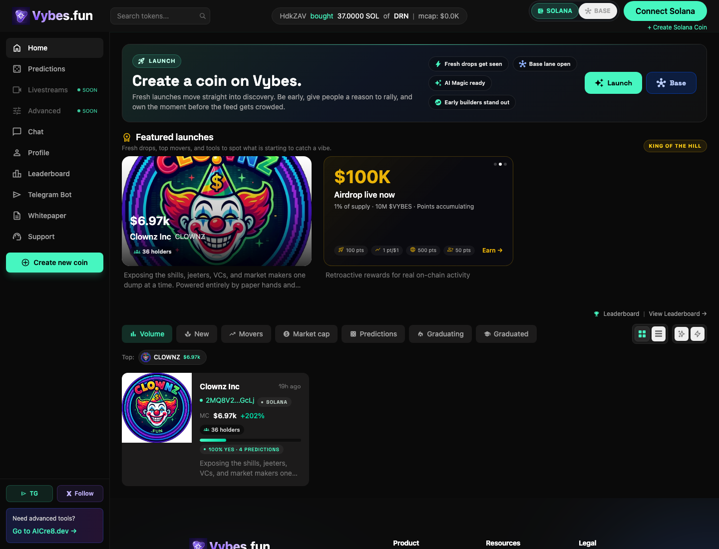 Vybes.fun launch app connect screen