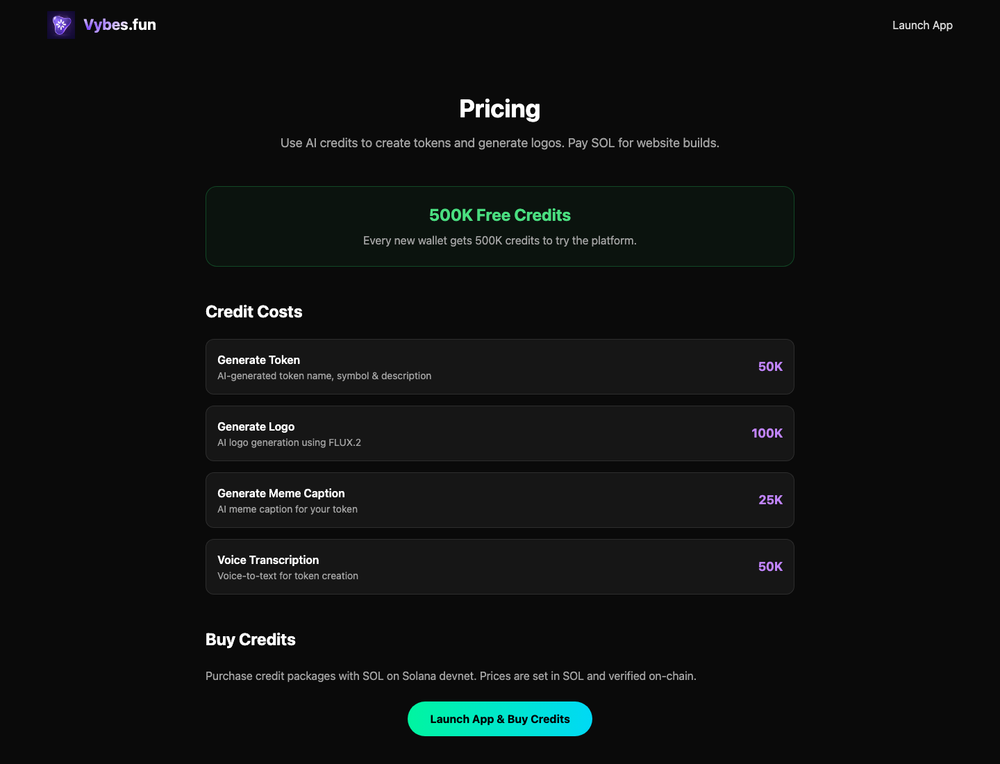 Vybes.fun pricing page showing SOL and credits